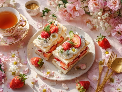 Flat-lay photo of Japanese fruit sandwiches on a pastel pink table