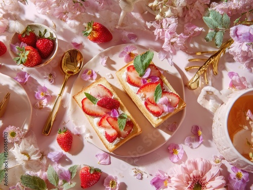 Flat-lay photo of Japanese fruit sandwiches on a pastel pink table