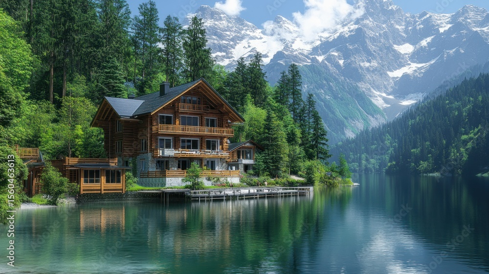 Naklejka premium Secluded Log Cabin Retreat on a Tranquil Lake