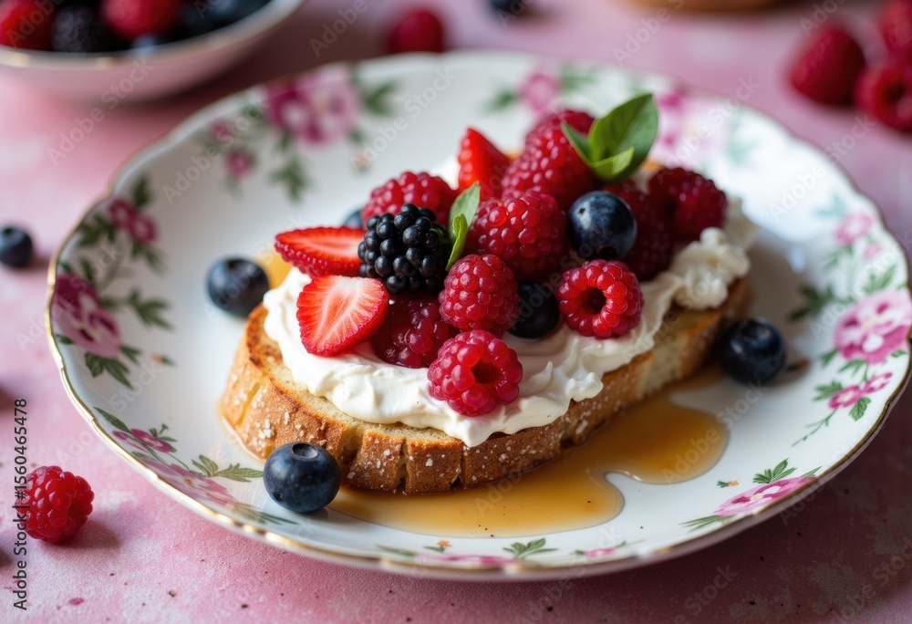 Fresh mixed berry tart on a floral plate with syrup drizzled around it Fresh mixed berry tart on a floral plate with syrup drizzled around it
