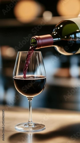 Pouring red wine into a glass at a cozy wine bar in the evening ambiance with warm lighting and wooden decor