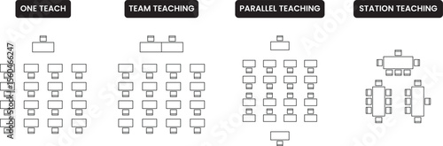 Seat plan icon set,  classroom, top view, chair and table, architectural plan with blueprint, customizable stroke, vector, illustration