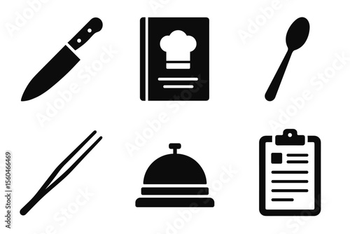 Culinary icons set: knife, cookbook, spoon, tweezers, bell, clipboard
