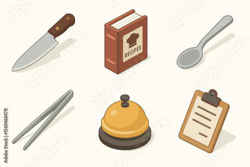 Kitchen tools collection: knife, recipe book, spoon, tweezers, bell, clipboard