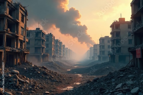 Apocalyptic cityscape reduced to rubble, smoke billowing amidst shattered buildings and broken infrastructure A scene of utter devastation and post-disaster chaos , collapsed, buildings, ruins