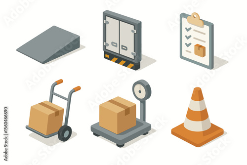 Isometric icons of delivery and logistics tools and equipment