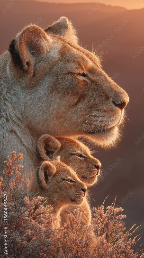 Naklejka premium Vertical lioness and cubs in golden savanna light