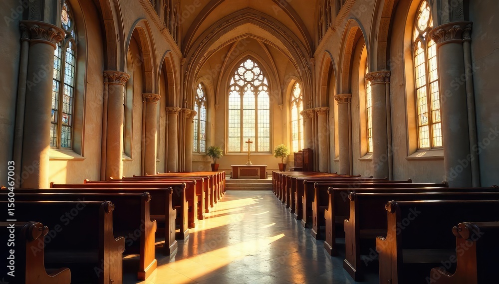 Fototapeta premium A serene and peaceful church interior, bathed in soft sunlight streaming through stained-glass windows Perfect for themes of faith, spirituality, and tranquility , quiet, peaceful, comfort