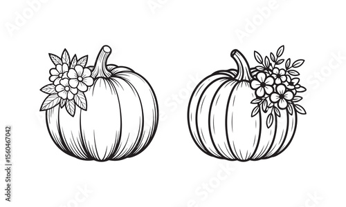 Black and white vector illustration of two pumpkins with floral accents on white background