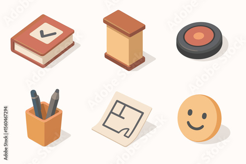 Isometric office and design icons set with book, pen holder, drawing tools, and smiley face