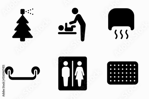 Bathroom symbols collection: hand dryer, changing station, restroom, towel rack, mat, air freshener