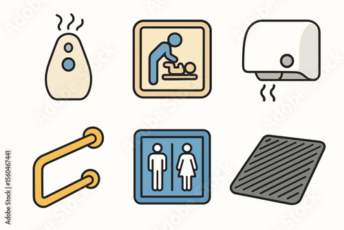 Public restroom icons: air freshener, baby changing, hand dryer, door handle, male/female signs, mat