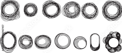Set of empty clean frames of ovals, circles, hand-drawn with black pencil, pen with uneven chaotic multilayered repeating thin edges with one contour. Vector illustration