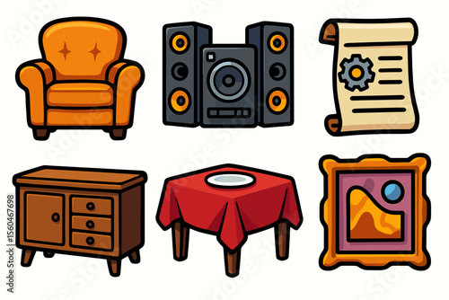 Cartoon icons set of furniture, music equipment, scroll, and decor