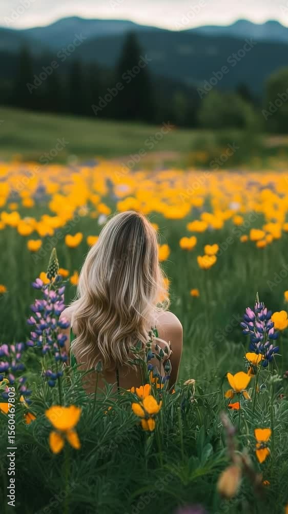 Woman enjoying nature in a vibrant wildflower field surrounded by colorful blooms during golden hour in a serene landscape Woman enjoying nature in a vibrant wildflower field surrounded by colorful blooms during golden hour in a serene landscape