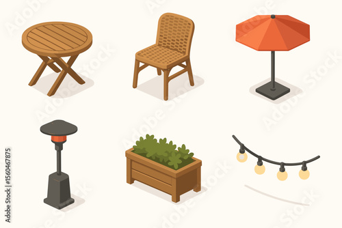 Outdoor furniture and accessories: round table, chair, red umbrella, lamp, planter, string lights