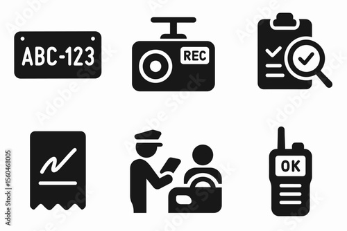 Traffic symbols set: license plate, camera, checklist, signature, officer, radio