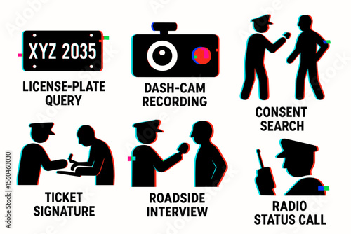Police interaction icons: license, dash cam, consent, ticket, roadside, radio