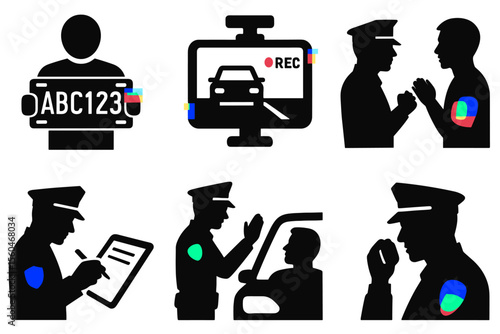 Silhouette police icons: ticket, patrol, arrest, camera, stop, interaction