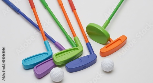 Fröhliche bunte Minigolf-Schläger liegen auf Weiss sanftes Licht betont Farben. AI Generated