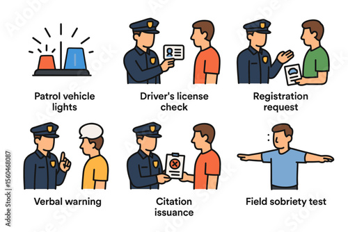 Police procedures illustrations: patrol, license check, registration, warning, citation, sobriety test