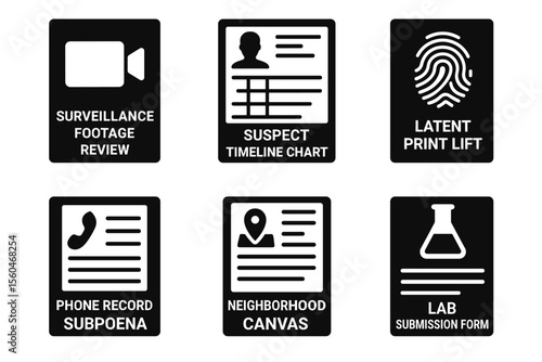 Forensic investigation icons: surveillance, suspect, fingerprint, phone record, map, lab form