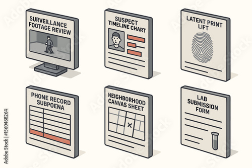 Crime investigation elements - surveillance, suspect chart, fingerprint, phone records, canvas, lab form