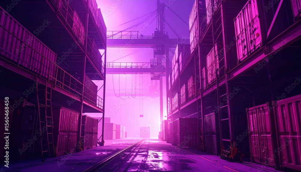 Fototapeta premium Ethereal View of Warehouse with Containers During a Sandstorm