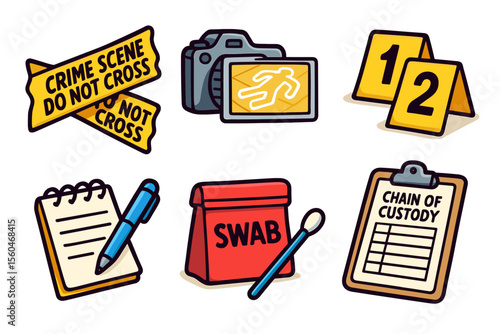 Crime scene elements: tape, camera, evidence markers, notebook, swab, chain of custody