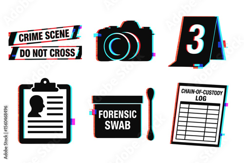 Crime scene investigation icons: camera, evidence marker, swab, log