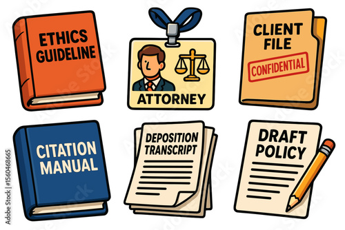Legal documents and attorney badge illustration with ethics guideline book