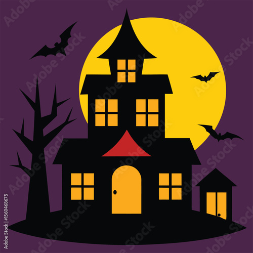 Horrifying haunted chateau silhouette under an autumnal Halloween moonlit night with scary tree, bat, and pumpkin illustrations