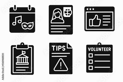Icons of event, passport, social media, government, tips, volunteer