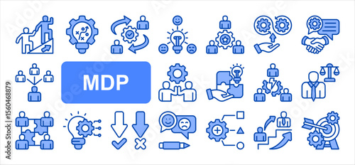 Management Development Program editable stroke icon set, with Leadership, Strategic, Change management, Talent management, Continuous improvement, Team building, Succession planning.