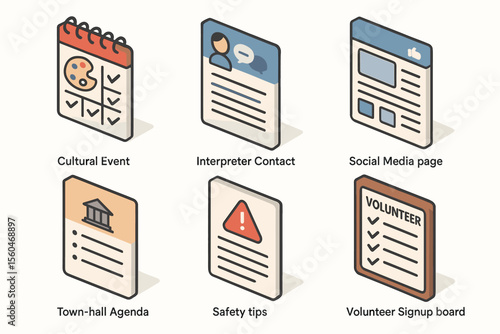 Illustrated calendar and document icons for events and safety tips