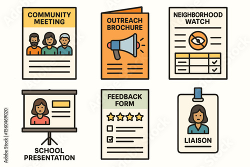 Community engagement icons: meeting, brochure, watch, presentation, form, liaison (male, female, diverse, adult)