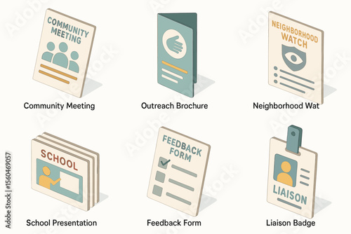 Community engagement materials with meeting, brochure, feedback, and liaison badge