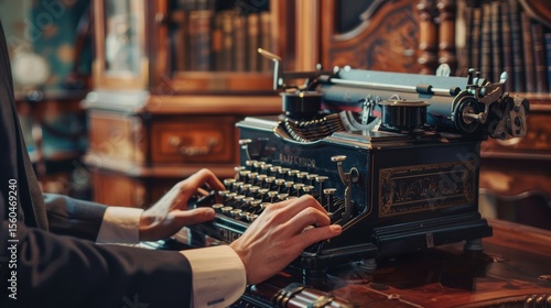 A person in formal attire types on a vintage typewriter in an elegant, classic wooden-paneled room filled with books.