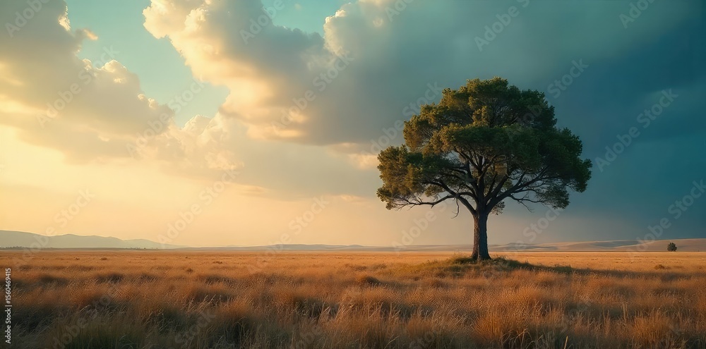 Fototapeta premium Solitary Tree on Vast Plain Resilience and Isolation Under Dramatic Sky