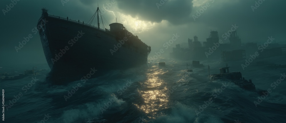 Fototapeta premium Noah's Ark in Cataclysmic Ocean Storm, Tilting Wooden Ship on Massive Waves, Lightning Torrential Rain, Sinking Ancient Ruins, Panicking Animals Boarding Ramp, Moody Desaturated Cinematic Shot