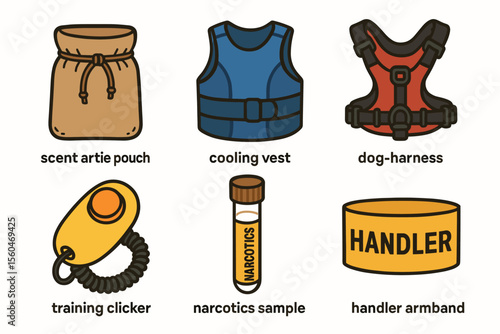 Dog training gear collection: pouch, vest, harness, clicker, sample, armband