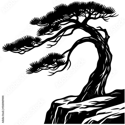 Black and white illustration of bonsai tree on a cliff, design element