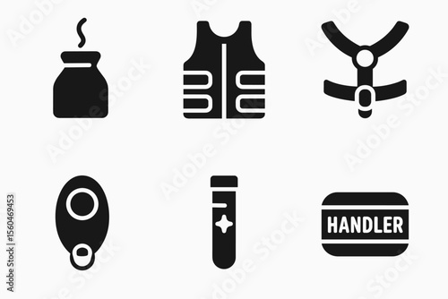 Dog training icons: treat bag, safety vest, harness, clicker, tube, handler badge