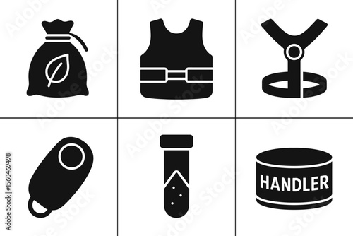 Set of dog-related icons: waste bag, vest, harness, clicker, treat, handler sign
