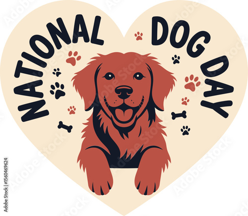 Heart-shaped national dog day sticker with smiling dog illustration for puppy love theme or pet gift merch  