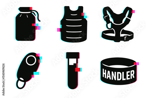 Tactical gear silhouettes with glitch effect - vest, harness, grenade, test tube, handler band