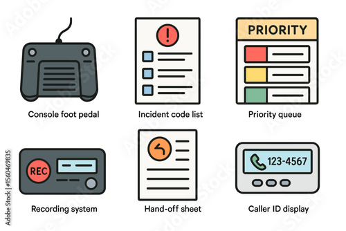 Console foot pedal and office icons: incident, priority, recording, hand-off, caller id