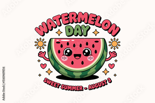 Watermelon day celebration vector with funny face and sweet summer quote for august 3 fruity holiday event  