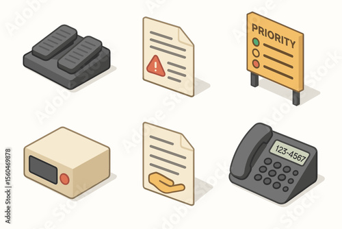 Office supplies icons set: documents, phone, foot pedal, priority sign