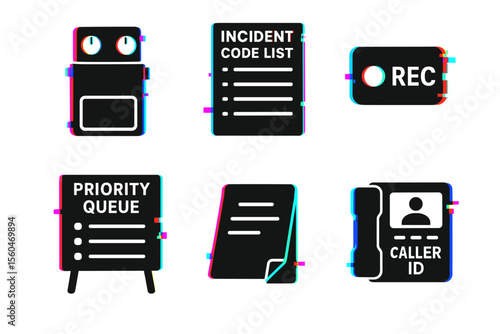 Glitch art style office icons set with text and symbols